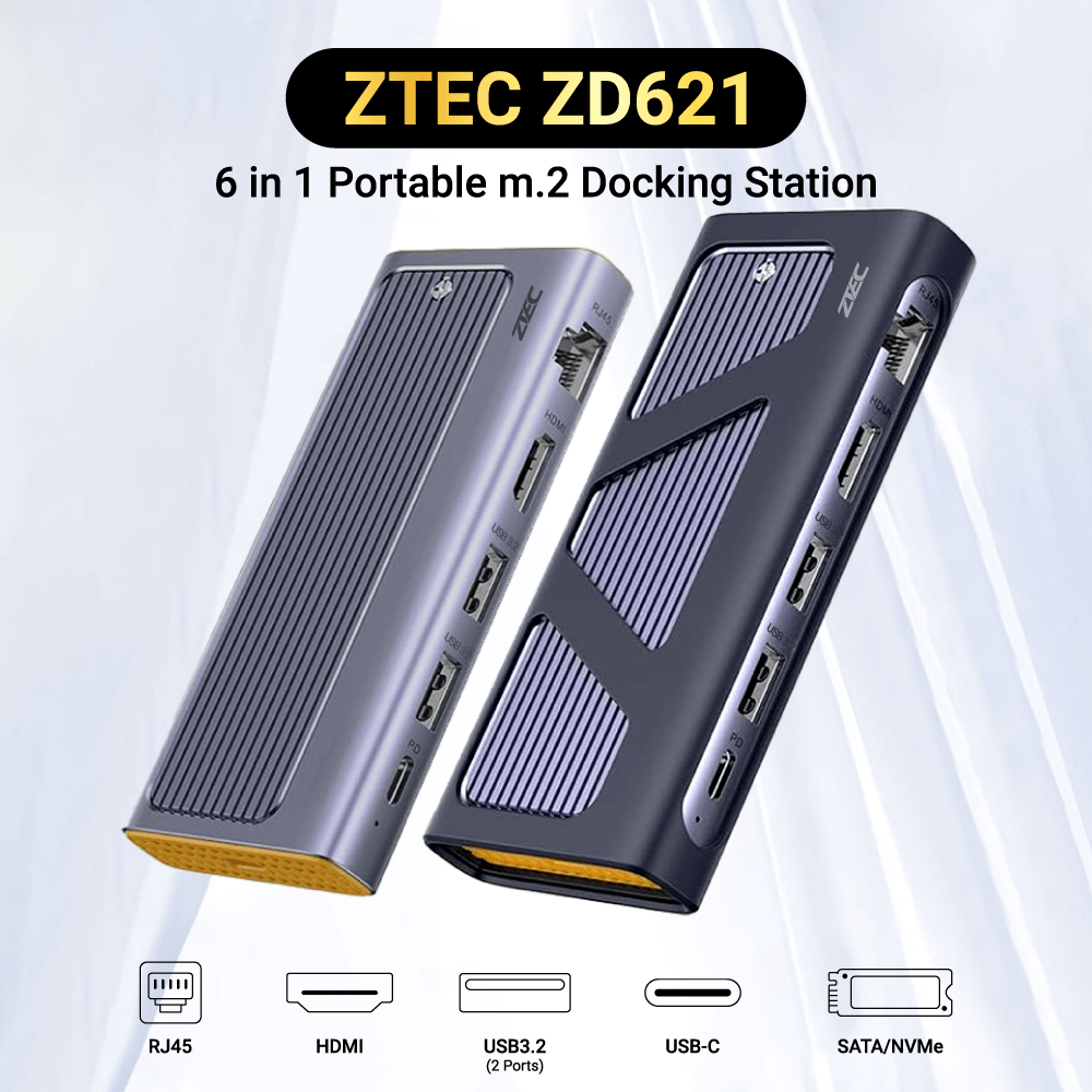 Portable M.2 (6in1) Docking Station ZTEC ZD621 พอร์ต LAN (ช่องการเชื่อมต่อ 6 ช่องในอุปกรณ์เดียว)_1